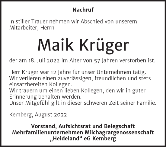 Traueranzeige von Maik Krüger von Super Sonntag Wittenberg