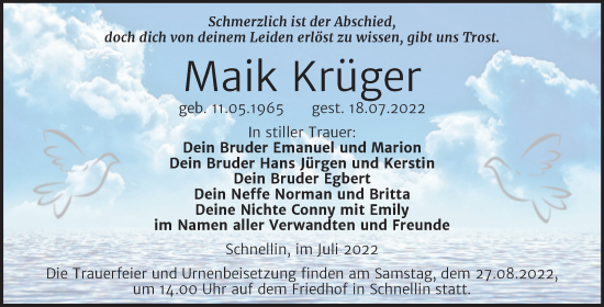 Traueranzeige von Maik Krüger von Trauerkombi Wittenberg