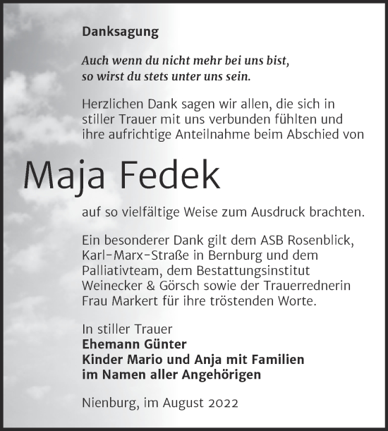 Traueranzeige von Maja Fedek von Trauerkombi Bernburg
