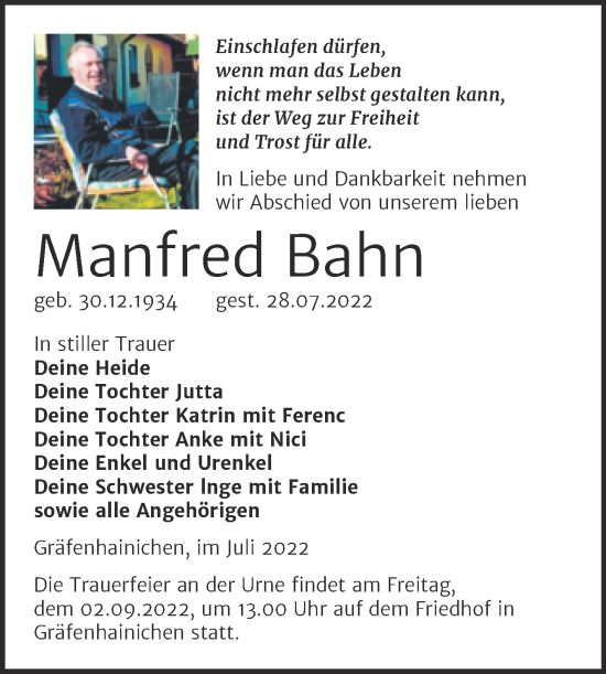 Traueranzeige von Manfred Bahn von Trauerkombi Wittenberg