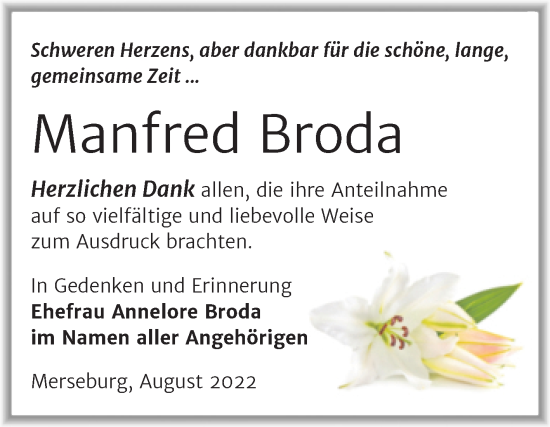 Traueranzeige von Manfred Broda von Trauerkombi Merseburg