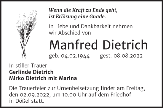 Traueranzeige von Manfred Dietrich von Mitteldeutsche Zeitung Halle/Saalkreis