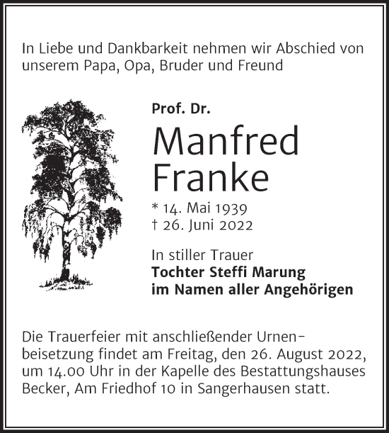 Traueranzeige von Manfred Franke von Mitteldeutsche Zeitung Halle/Saalkreis