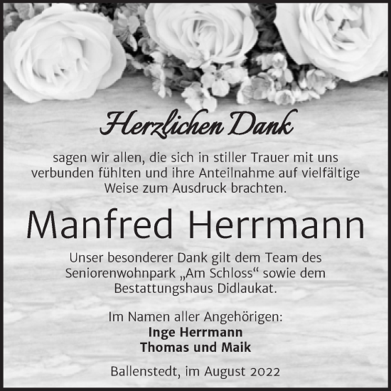 Traueranzeige von Manfred Herrmann von Trauerkombi Quedlinburg