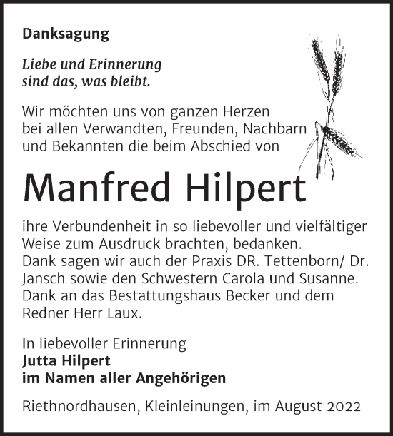 Traueranzeige von Manfred Hilpert von Trauerkombi Sangerhausen