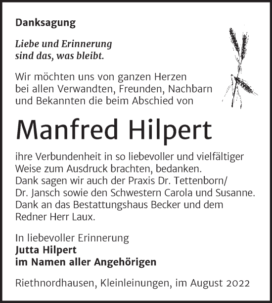 Traueranzeige von Manfred Hilpert von Trauerkombi Sangerhausen