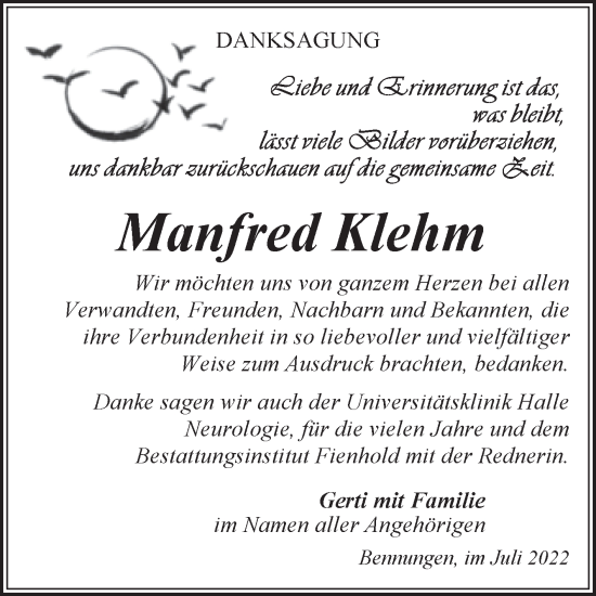 Traueranzeige von Manfred Klehm von Trauerkombi Sangerhausen
