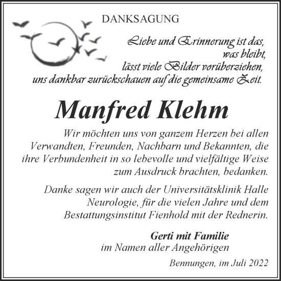 Traueranzeige von Manfred Klehm von Trauerkombi Sangerhausen