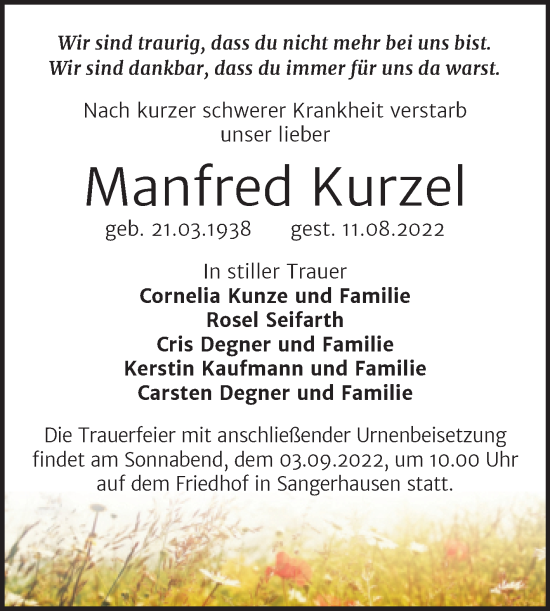 Traueranzeige von Manfred Kurzel von Trauerkombi Sangerhausen