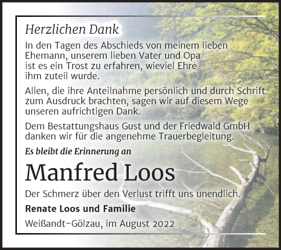 Traueranzeige von Manfred Loos von Trauerkombi Köthen