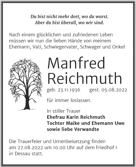 Traueranzeige von Manfred Reichmuth von Trauerkombi Dessau
