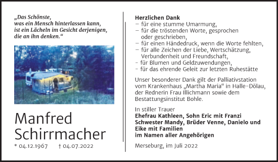 Traueranzeige von Manfred Schirrmacher von Trauerkombi Merseburg