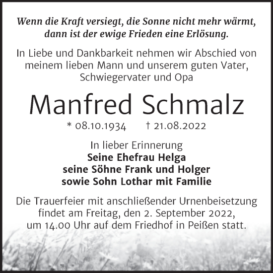 Traueranzeige von Manfred Schmalz von Mitteldeutsche Zeitung Halle/Saalkreis