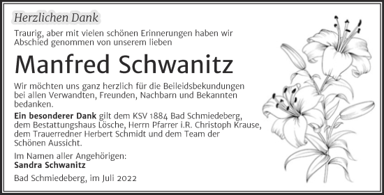 Traueranzeige von Manfred Schwanitz von Trauerkombi Wittenberg