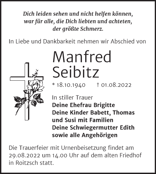 Traueranzeige von Manfred Seibitz von Trauerkombi Bitterfeld