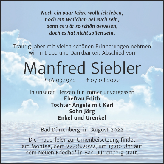 Traueranzeige von Manfred Siebler von Trauerkombi Merseburg