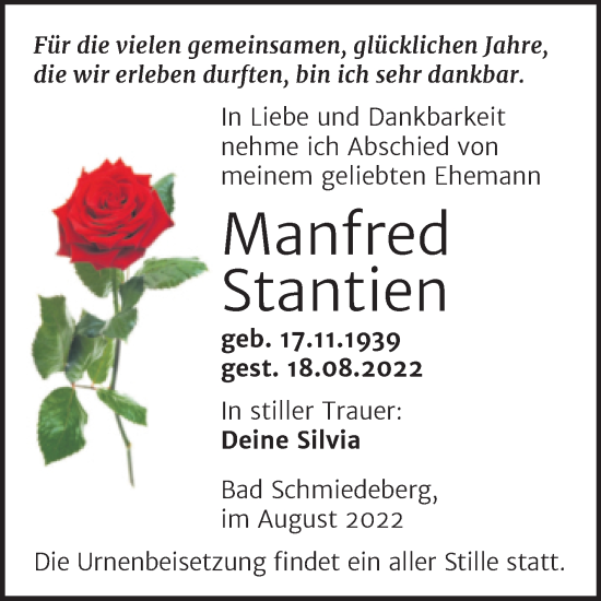 Traueranzeige von Manfred Stantien von Trauerkombi Wittenberg