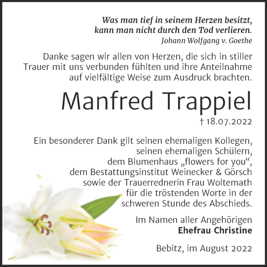 Traueranzeige von Manfred Trappiel von Trauerkombi Bernburg