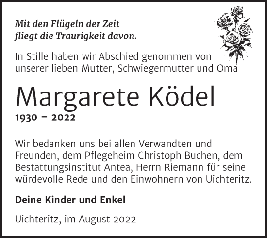 Traueranzeige von Margarete Ködel von Trauerkombi Weißenfels