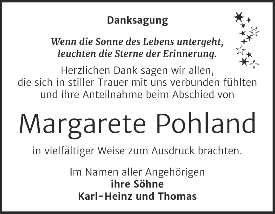 Traueranzeige von Margarete Pohland von Trauerkombi Bernburg