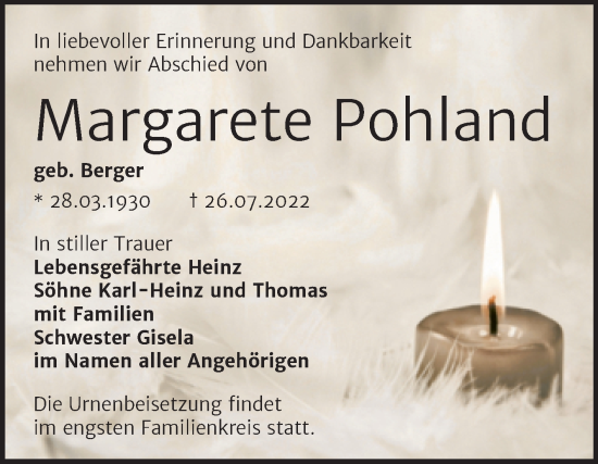 Traueranzeige von Margarete Pohland von Trauerkombi Bernburg