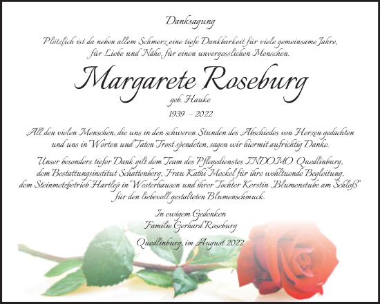 Traueranzeige von Margarete Roseburg von Trauerkombi Quedlinburg