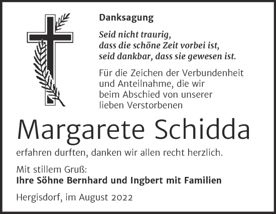 Traueranzeige von Margarete Schidda von Trauerkombi Mansfelder Land