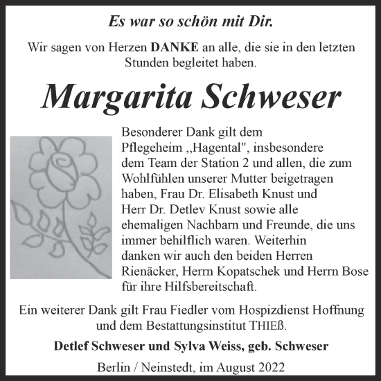 Traueranzeige von Margarita Schweser von Trauerkombi Quedlinburg