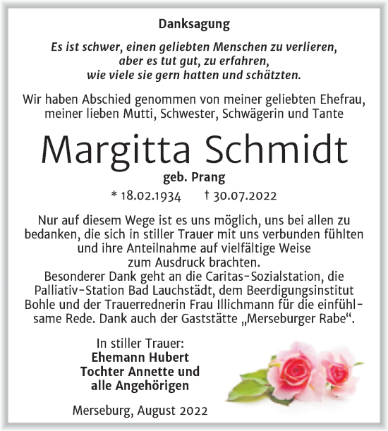 Traueranzeige von Margitta Schmidt von Trauerkombi Merseburg