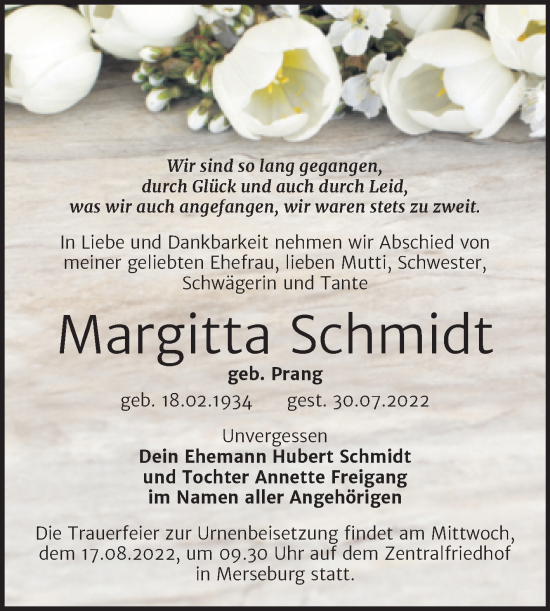 Traueranzeige von Margitta Schmidt von Trauerkombi Merseburg