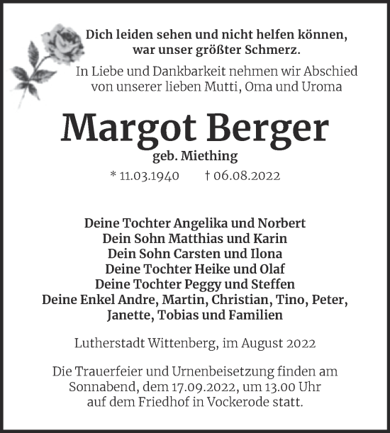 Traueranzeige von Margot Berger von Trauerkombi Wittenberg