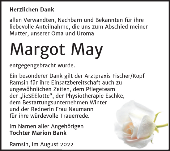 Traueranzeige von Margot May von Trauerkombi Bitterfeld