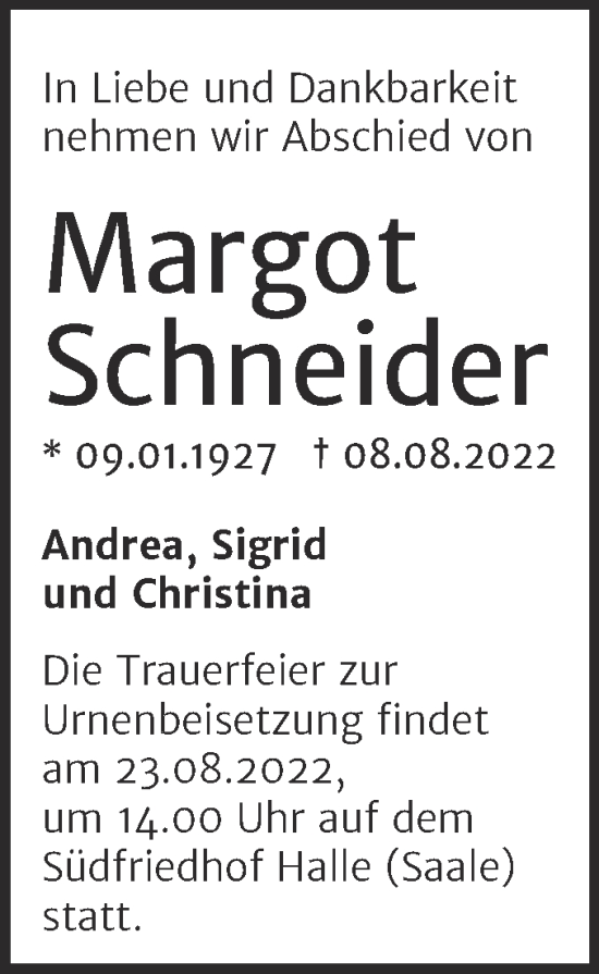 Traueranzeige von Margot Schneider von Mitteldeutsche Zeitung Halle/Saalkreis