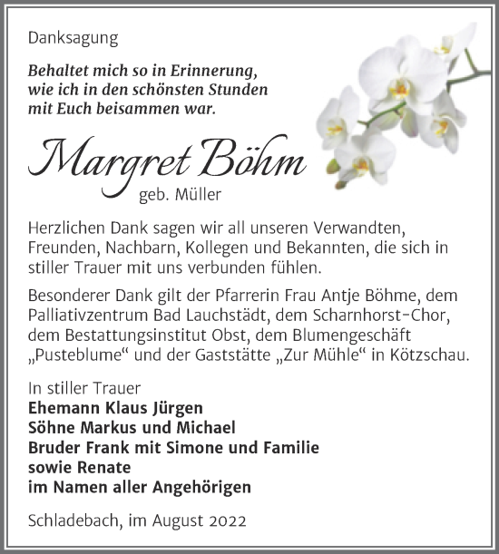 Traueranzeige von Margret Böhm von Trauerkombi Merseburg