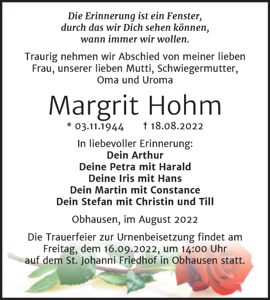 Traueranzeige von Margrit Hohm von Trauerkombi Merseburg