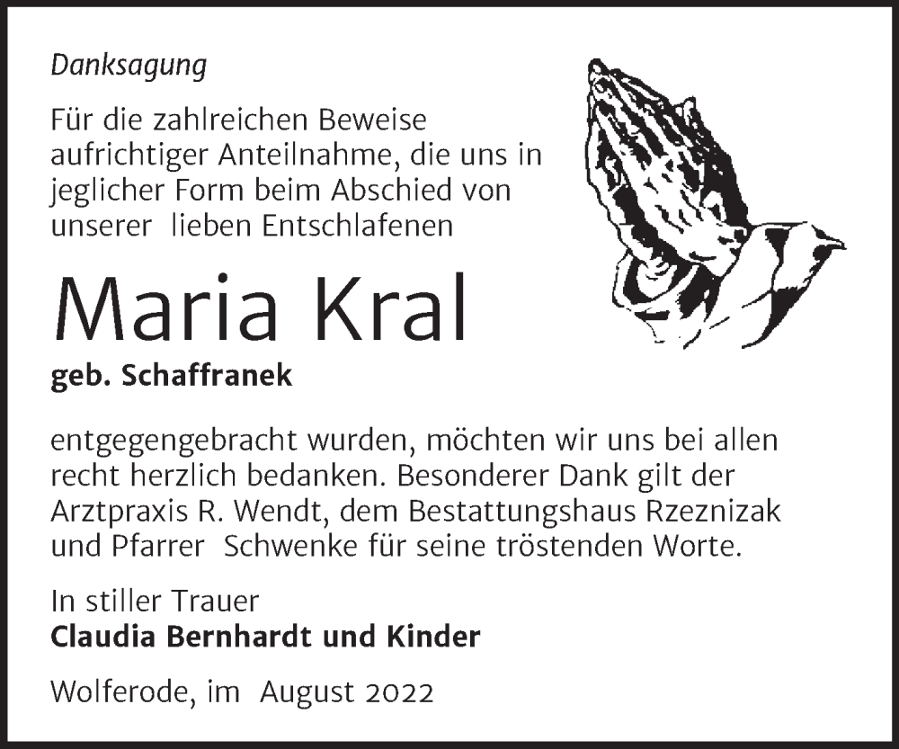  Traueranzeige für Maria Kral vom 20.08.2022 aus Trauerkombi Mansfelder Land