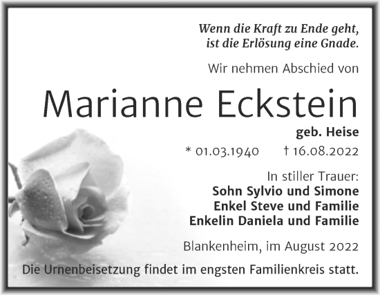 Traueranzeige von Marianne Eckstein von Trauerkombi Sangerhausen
