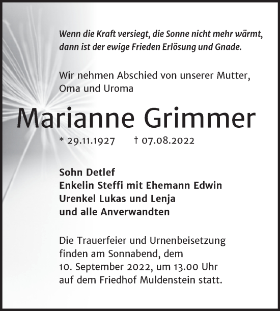 Traueranzeige von Marianne Grimmer von Trauerkombi Bitterfeld