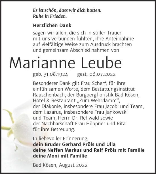 Traueranzeige von Marianne Leube von Naumburger Tageblatt