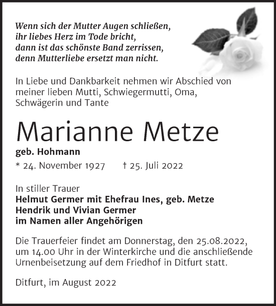 Traueranzeige von Marianne Metze von Trauerkombi Quedlinburg