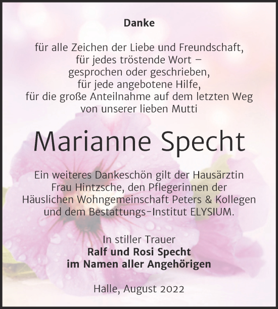 Traueranzeige von Marianne Specht von Mitteldeutsche Zeitung Halle/Saalkreis