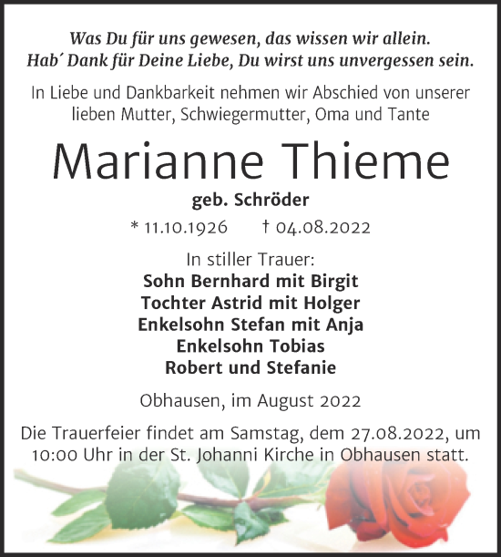 Traueranzeige von Marianne Thieme von Trauerkombi Merseburg