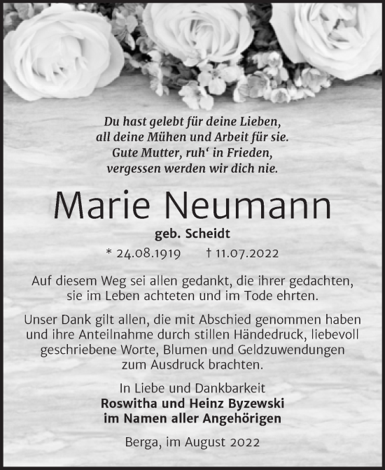 Traueranzeige von Marie Neumann von Trauerkombi Sangerhausen