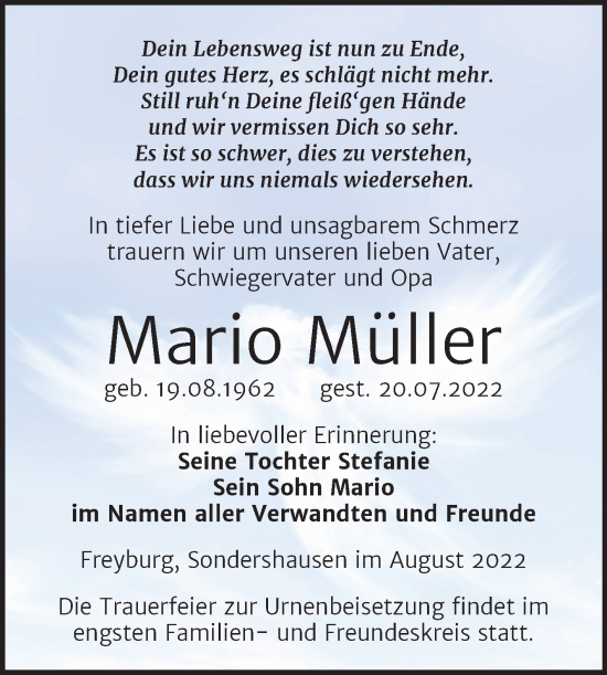 Traueranzeige von Mario Müller von Naumburger Tageblatt