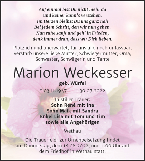 Traueranzeige von Marion Weckesser von Wochenspiegel Naumburg/Nebra