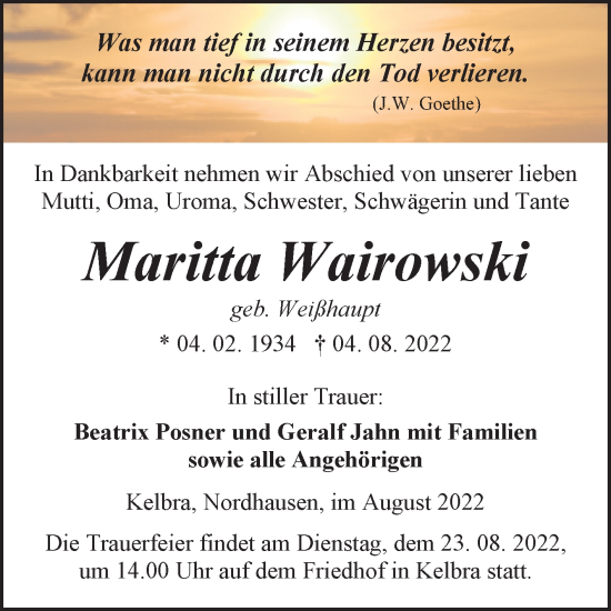 Traueranzeige von Maritta Wairowski von Mitteldeutsche Zeitung Sangerhausen