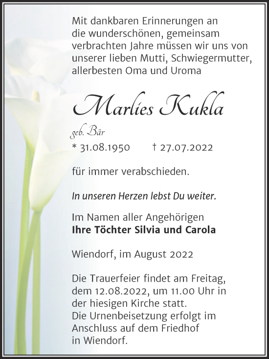 Traueranzeige von Marlies Kukla von Trauerkombi Bernburg