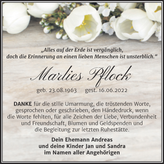 Traueranzeige von Marlies Pflock von Trauerkombi Merseburg