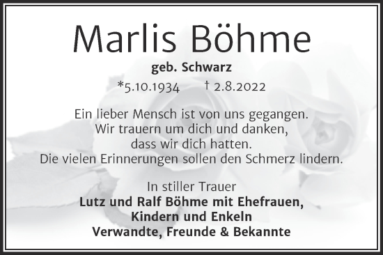 Traueranzeige von Marlis Böhme von Mitteldeutsche Zeitung Halle/Saalkreis
