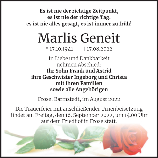 Traueranzeige von Marlis Geneit von Trauerkombi Aschersleben